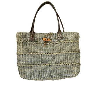 Natürliche Sisalfaser gewebte Beuteltasche Tasche Schultertasche Knebelverschluss 2 Griffe blau - Bild 1 von 20