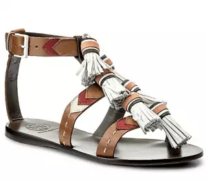 TORY BURCH WEAVER TASSEL SANDAL FLAT WHT/TAN/ALMOND LEATHER GLADIATOR SZ US 6 - Picture 1 of 11