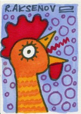 ACEO original card Rooster bird Naive Art hand painted by Ruslan Aksenov