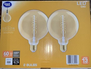 GV Edison Light Bulb 60W Equivalent Dimmable LED G40 E26 2 Pack RoHS 6.5W 300LM - Picture 1 of 2