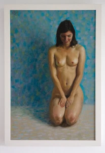Original Framed Oil Painting Female Nude Girl artwork brunette woman nu art - Picture 1 of 5