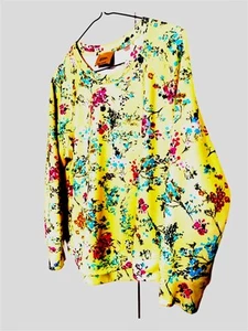 Sudadera para mujer Elie Tahari talla L amarilla modal pulóver estampado japonés Sakura - Imagen 1 de 5