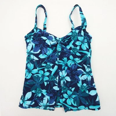 Lands End Tankini Top Blue Teal Green Floral Flyaway Tummy Control Underwire 6 - Image 1 of 4