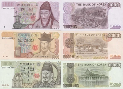 Korea South 1000 5000 10000 Won ND 1983&2000 P 47 48 52 UNC Set 3 pcs - Image 1 of 3