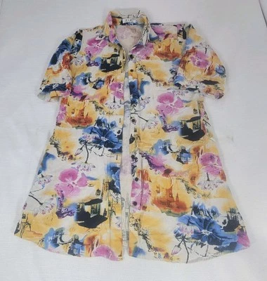P.T.M. Linen Midi Dress Large Colorful Bold Artsy Floral Thailand Button Front - Image 1 of 4