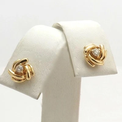 14k Gold Trefoil Love Knot Natural Diamond Stud Earrings Petite New - Image 1 of 4
