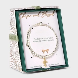Sliver Plated Two Tone Gold Cubic Zirconia Cross Beaded Bolo Bracelet (NEW) - Picture 1 of 10