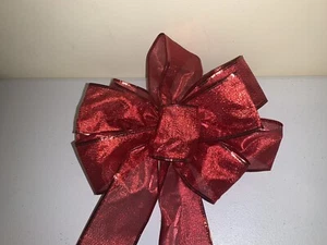 Christmas Bow Shimmery Red w Wire Edge, 9" X 22” Tree Wreath - Picture 1 of 7