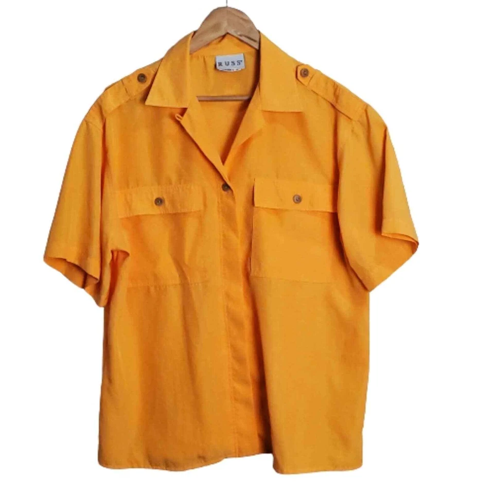 Blusa Safari Vintage Años 80 Russ Amarillo Brillante Botones Manga Corta Talla 12 Foto 1 de 4