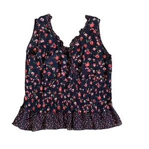 Floral Top Sleeveless Black Red Pink Size L Size 10/12 Slim Fit Sheer Italy - Picture 1 of 9
