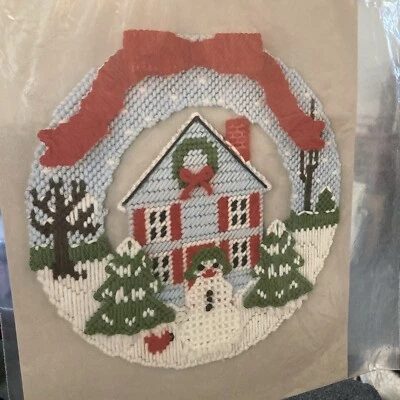Vtg Rare BELCO Snowman House Wreath Needlepoint Plastic Canvas 1990 pattern only - Image 1 of 3