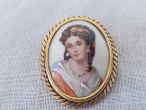 Vintage Limoges Pin Brooch Painted Lady Porcelain Ceramic Cameo Portrait Brooch - Picture 1 of 15