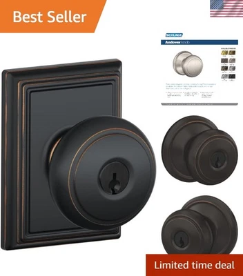 Cerradura de puerta de entrada con llave de bronce envejecido con moldura Addison - Elegante solución de seguridad Foto 1 de 4