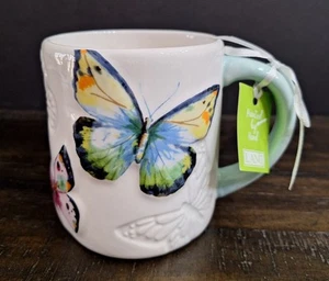 Lang Hand Painted Ceramic Mug 18oz Embossed Raised Butterflies- Ribbon Gift Tag - Picture 1 of 8