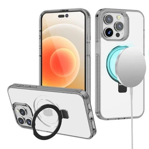 For iPhone 13/14 Case Magnetic Circle w/ Stand Translucent Grip + Tempered Glass - Picture 1 of 20