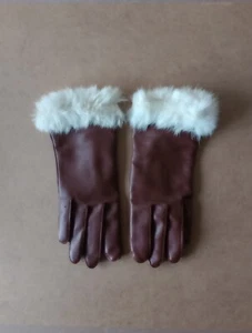 Ladies Vintage 1960s 1970s Brown Cotton Vinyl Fur Trim Gloves Hong Kong Size 7 - Picture 1 of 7