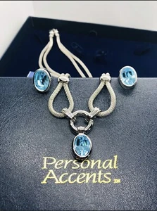 NEU Versilbert Blau Synthetischer Stein Halskette & Ohrringe Set - Bild 1 von 10