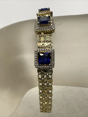 ЭЛЕГАНТНЫЙ твердый 14K желтое золото создано синий шпинель и белый CZ ссылка браслет 11,8 г - Изображение 1 из 4