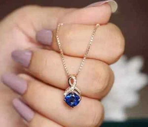 Ciondolo bellezza donna placcato oro rosa 14 carati zaffiro taglio cuscino 2 ct - Foto 1 di 10