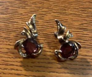 Fancy Vintage Screw Back Garnet & Sterling Silver Ear Rings Earrings - Picture 1 of 5