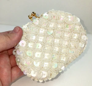 Vintage White Beaded Change Purse Iridescent Hong Kong I - Picture 1 of 13