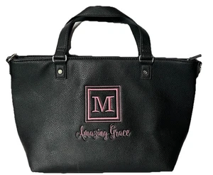 Thirty One Black Pebbled Tote With Crossbody Strap Embroidered M & Amazing Grace - Picture 1 of 15