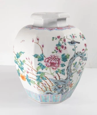 Antique Chinese Republic Period Famille Rose Faceted Vase Nonya Straits Jar - Image 1 of 4