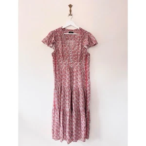 Me+Em Floral Tiered Midi Dress Size 16 Red Floral Pockets Side Stripe Occasion - Picture 1 of 12