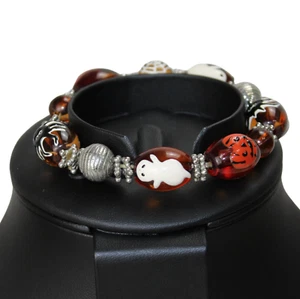 Halloween Bracelet Spooky Night Orange Pumpkin Ghost Spider Beaded Stretch Woman - Picture 1 of 3