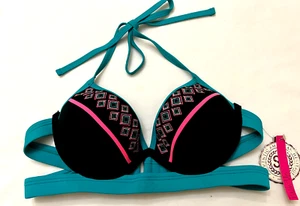 SO Bikini Oberteil Größe Medium schwarz pink türkis Bügel Polsterung neu mit Etikett $ 32 Einzelhandel - Bild 1 von 7