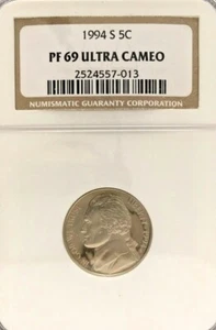 1994-S JEFFERSON NICKEL GRADED PF 69 ULTRA CAMEO BY NGC - Picture 1 of 2