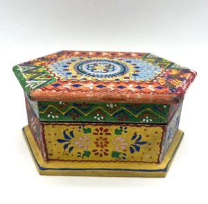 Hand Painted Colorful Wood Hinged Hexagon Trinket Stash Box Made in India 6.5" L - Picture 1 of 10