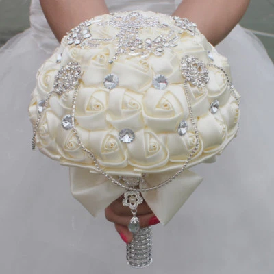 Crystal Pearl Silk Flower Handmade Rose Wedding Flowers Bridal Bouquet Brooch  - Image 1 of 4