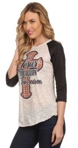 Christmas Ladies Long Sleeve TShirt Tee Raglan Jesus - Picture 1 of 3