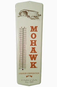 SCARCE MOHAWK LIQUEUR CORP DETROIT VINT LITHO'D ENML TIN, ADVRT WALL THERMOMETER - Picture 1 of 11