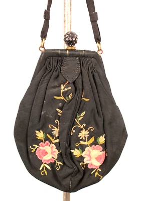 Antique Embroidered Floral Purse 1920s Brass Hardware Handbag 20s Vtg - Image 1 of 4