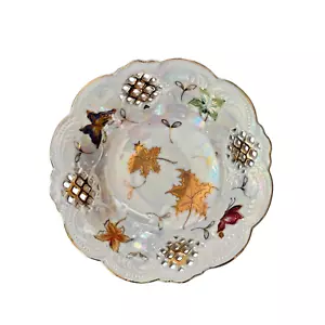 Lipper & Mann Lusterware Bowl Gold Leaves Butterflies No Pedestal Vintage - Picture 1 of 3