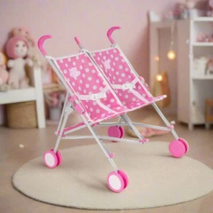 Childrens Dolls Double Stroller Dolly Tots Pink Baby Doll Buggy Pram For Kids - Picture 1 of 11