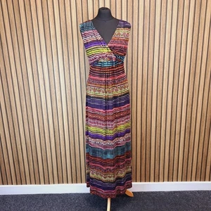 Per Una Maxi Dress UK 14 Multicolour Rainbow Jersey Stretch Flare - Picture 1 of 11