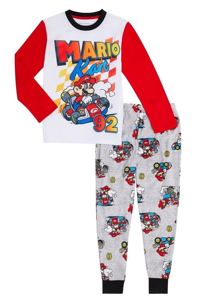 Mario Kart Boys Lightweight White & Red Gamer Pajamas Sleep Set XS (4-5)