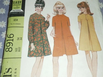 VTG 60's  McCALL's 8916 MISSES FRONT PLEAT DRESS IN 3 STYLES PATTERN -CUT-14/34 - Image 1 of 3