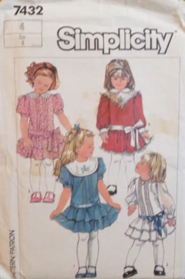 Simplicity Sewing Pattern 7432 Girls Dress Dropped Waist 4 Styles Size 4 VTG UC - Image 1 of 4