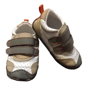 Carters Baby Toddler Crib Shoes Size 3 Soft Unisex White/Tan/Gray Hook & Loop - Picture 1 of 8