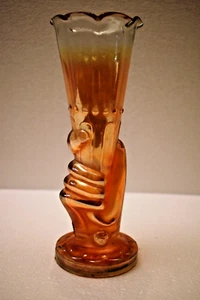 Vintage Carnival Glass Hand Vase Iridescent Amber Marigold Art Deco Style Decore - Picture 1 of 8