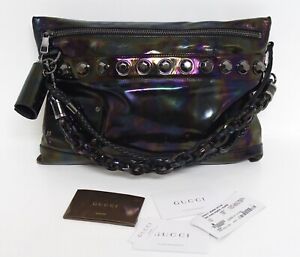 Gucci Metallic Patent Metal Studs Over-sized Black Leather Clutch