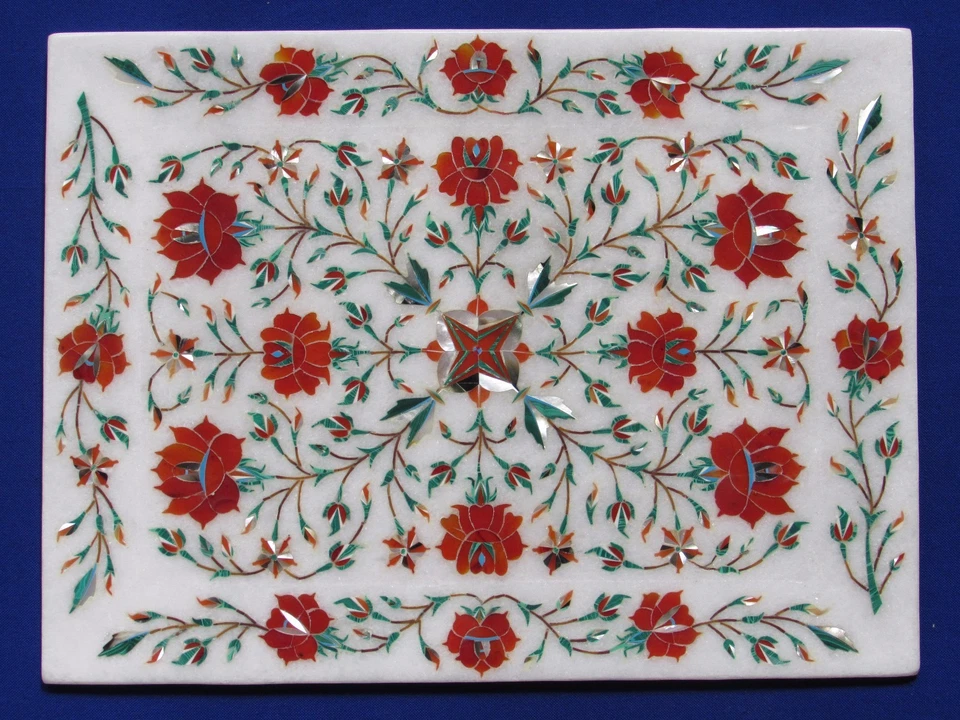 Bandeja hecha a mano de mármol de 12"x 9" incrustación arte Pietra Dura hecha a mano para decoración del hogar regalos Foto 1 de 3