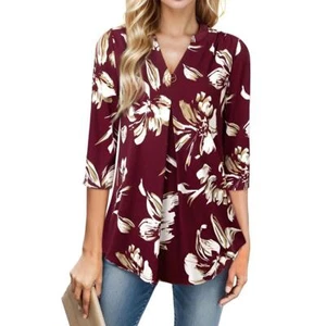 Womens 3/4 Sleeve Blouses Tops V Neck Casual Dressy Loose Fit Tunic Shirts - Picture 1 of 14
