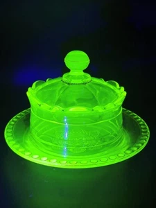 Antique RIVERSIDE GLASS CO. Ransom Uranium 1899 Butter Dish W/ Gold Accents !! - Picture 1 of 4