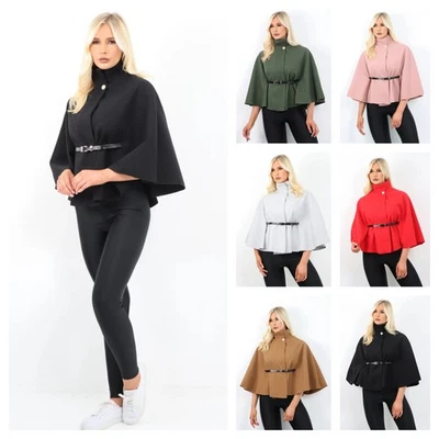 Womens Italian Belted High Neck Button Cape Coat Ladies Coat Winter Overcoat Top - Image 1 of 4