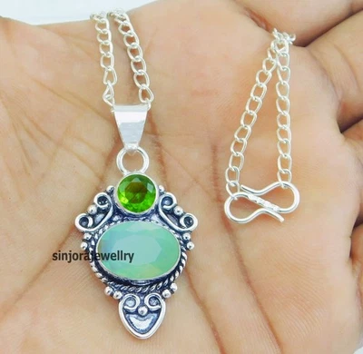 Ciondolo fatto a mano in argento sterling 925 con opale e peridoto del... - Immagine 1 di 4